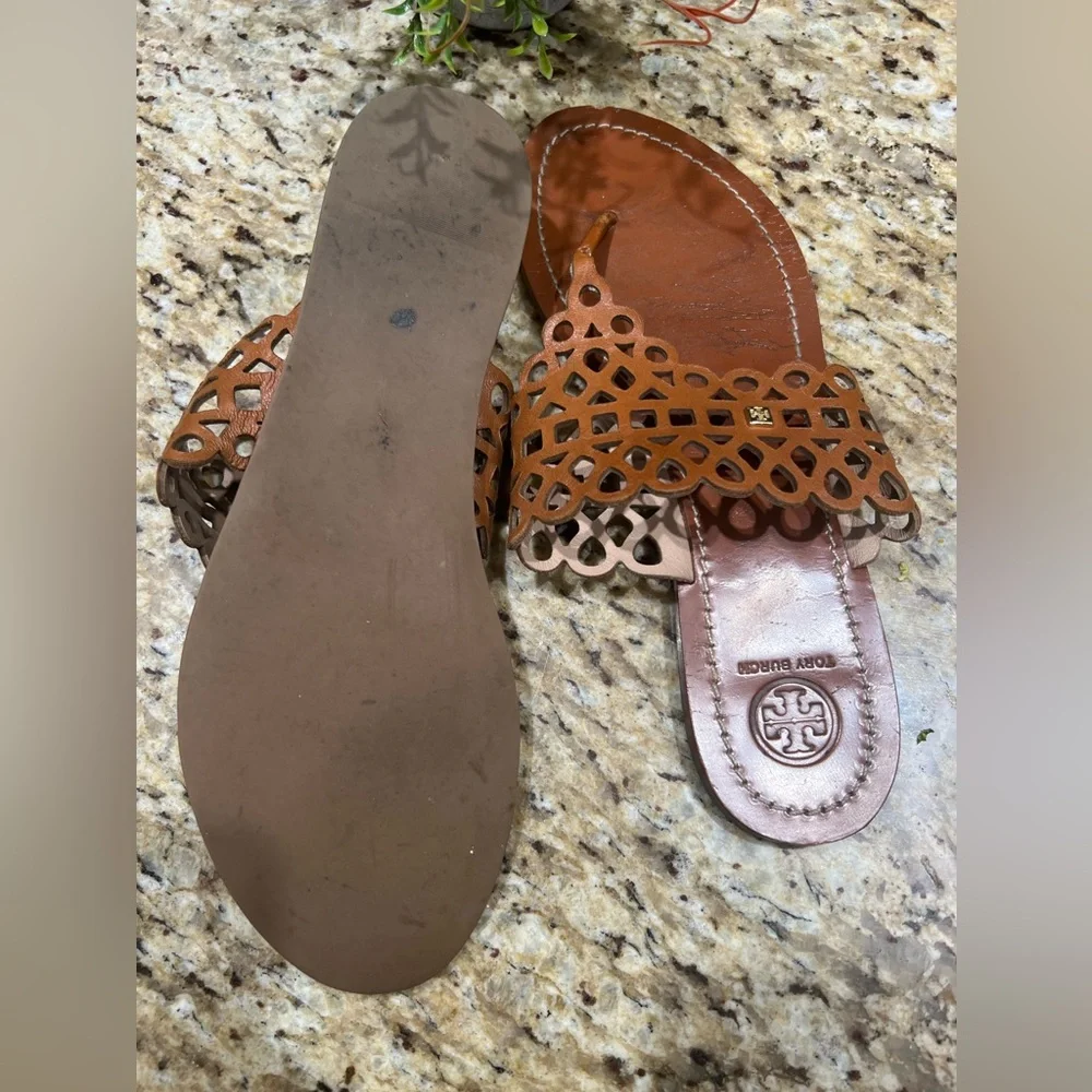 Tory Burch Leather Lasercut Accent Brown Slides 9.5